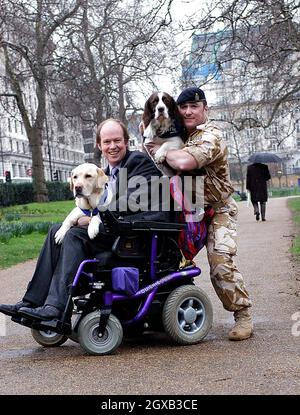 Buster, der 5-jährige englische Springer Spaniel, der Waffen und Sprengstoffe im Irak entdeckte, die für den Einsatz gegen die britischen Streitkräfte bestimmt waren, und Endal, der seinem Besitzer, Gulf war Veteran Allen Parton, bei der Rufts National Launch Photocall, Green Park, hilft. Endal erhielt die erste Dickin-Medaille in Friedenszeiten, die `PDSA Goldmedaille', die für die Hingabe an die Pflicht und die Rettung des Lebens (die Animal George Cross Medaille) verliehen wurde. Stockfoto